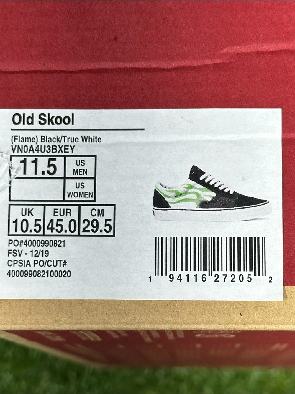 Vans Old Skool Flame, Black/ Neon Green Flame, Men’s 6, 11, 11.5 , VN0A4U3BXEY
